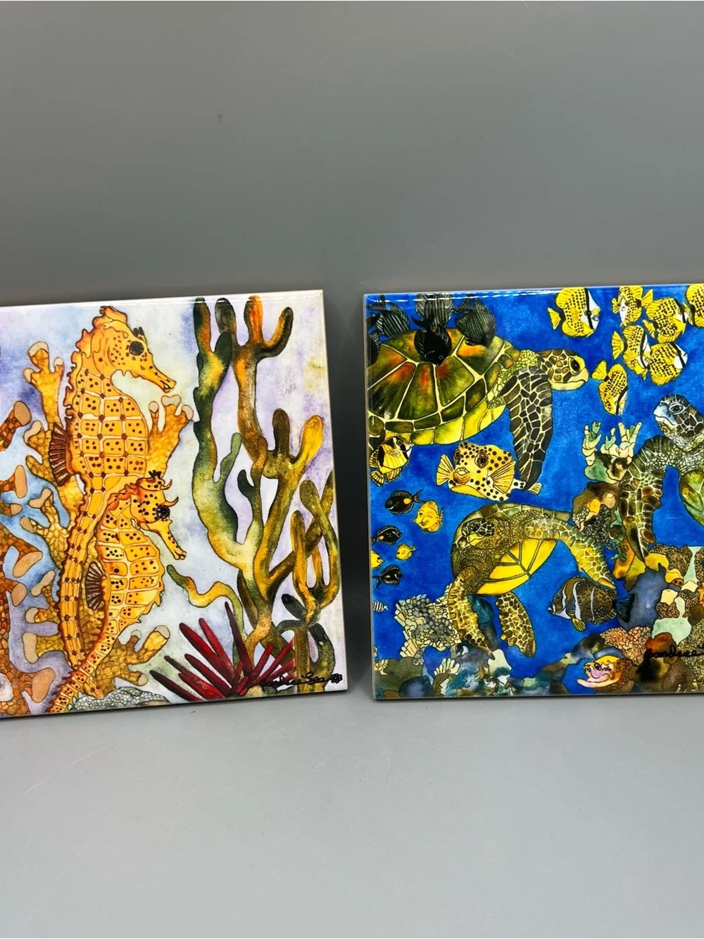 RARE CANDACE LEE Set 2 Ceramic/Cork Tiles Visions of the Tropics Turtles Hawaii